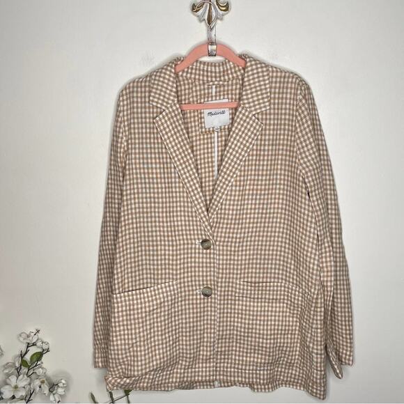 MADEWELL Linen Dorset Blazer in Gingham Check Tan White Neutral {3E25} - Picture 5 of 9